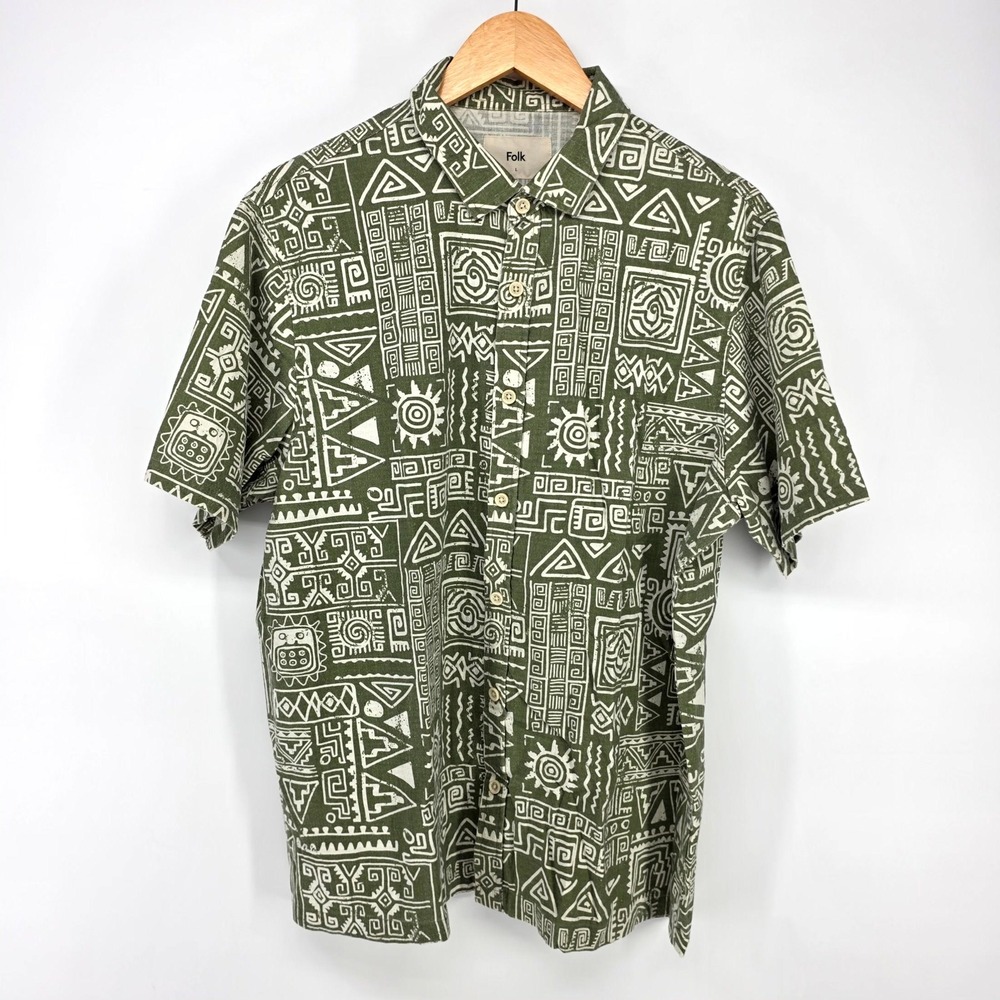 Folk Button Down Shirt Mens L Green Tribal Geometric Print Linen Short Sleeve